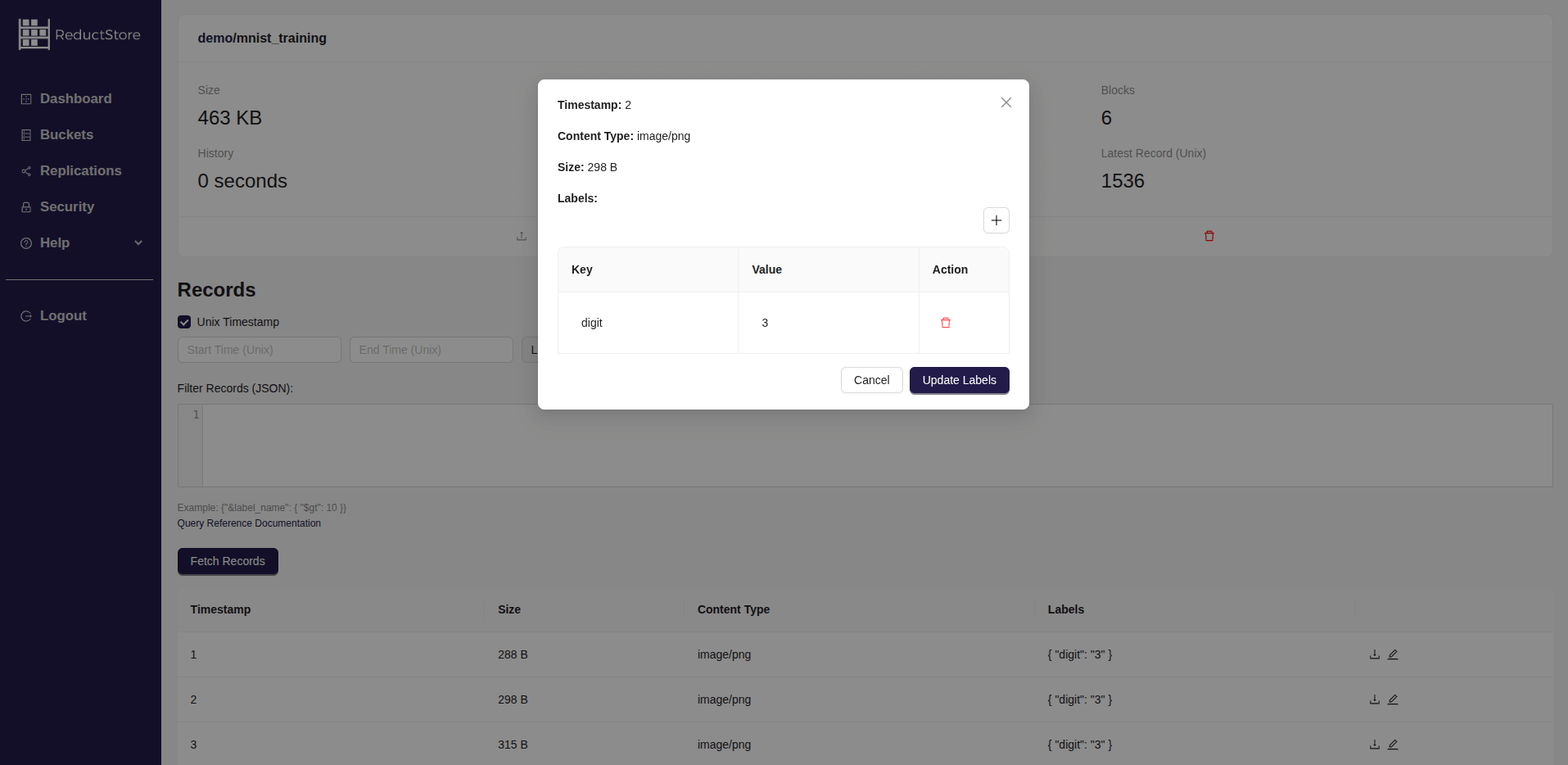 Update Labels in ReductStore Web Console